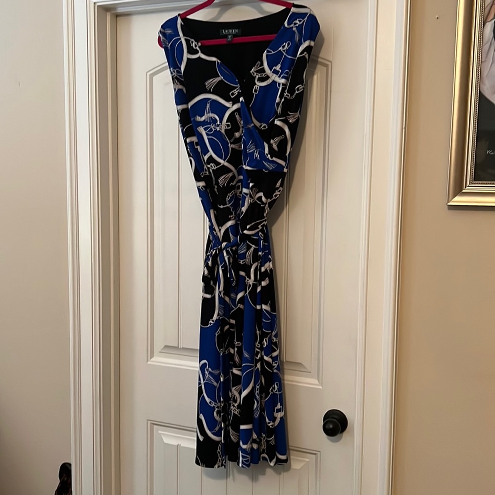Ralph Lauren equestrian design faux wrap at top with belt.